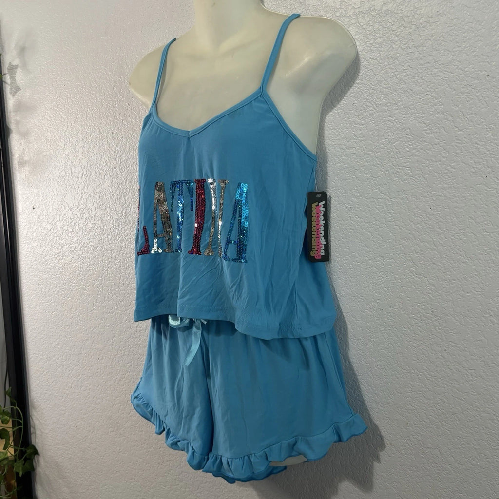 Weekending LATINA Pajama Set Blue Large – Sequin Graphic NWT