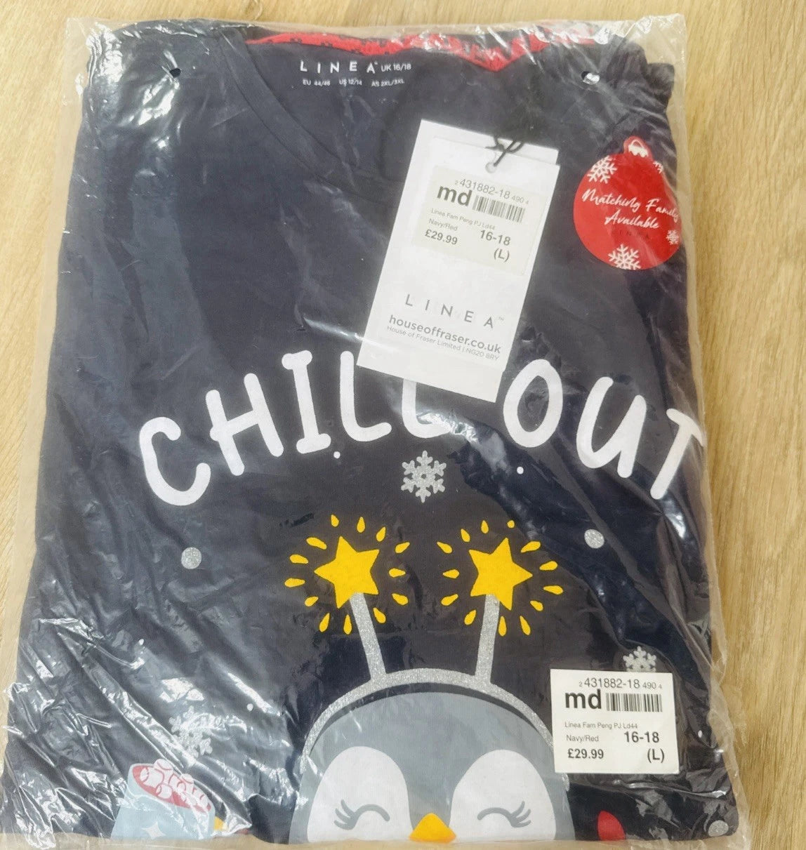 Linea Penguin Christmas Pyjamas Ladies Red&Blue Size 16-18 New with Tags