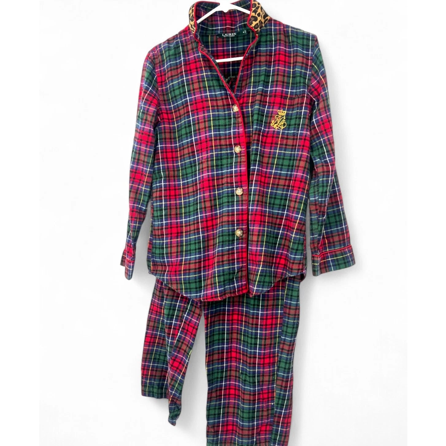 Ralph Lauren Flannel Pajama PJ Set Top Pants Plaid Holiday Christmas M Womens