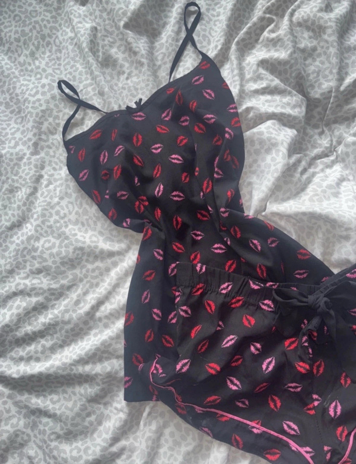 Primark Black & Pink Lips Satin Pyjama Set Upcycle Damaged Fabric