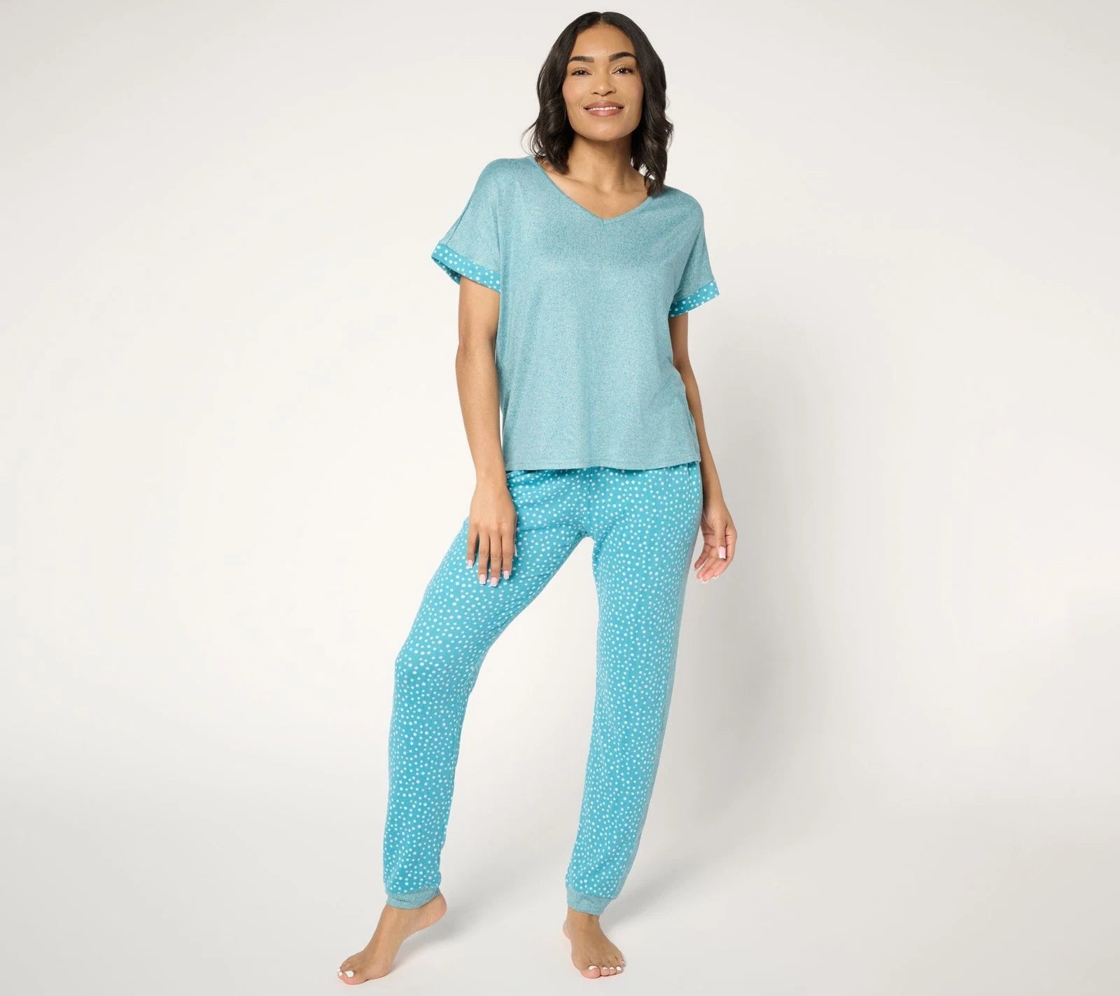 Muk Luks Sweater Knit Short Sleeve and Jogger Pajama Set Teal Dot 1X New