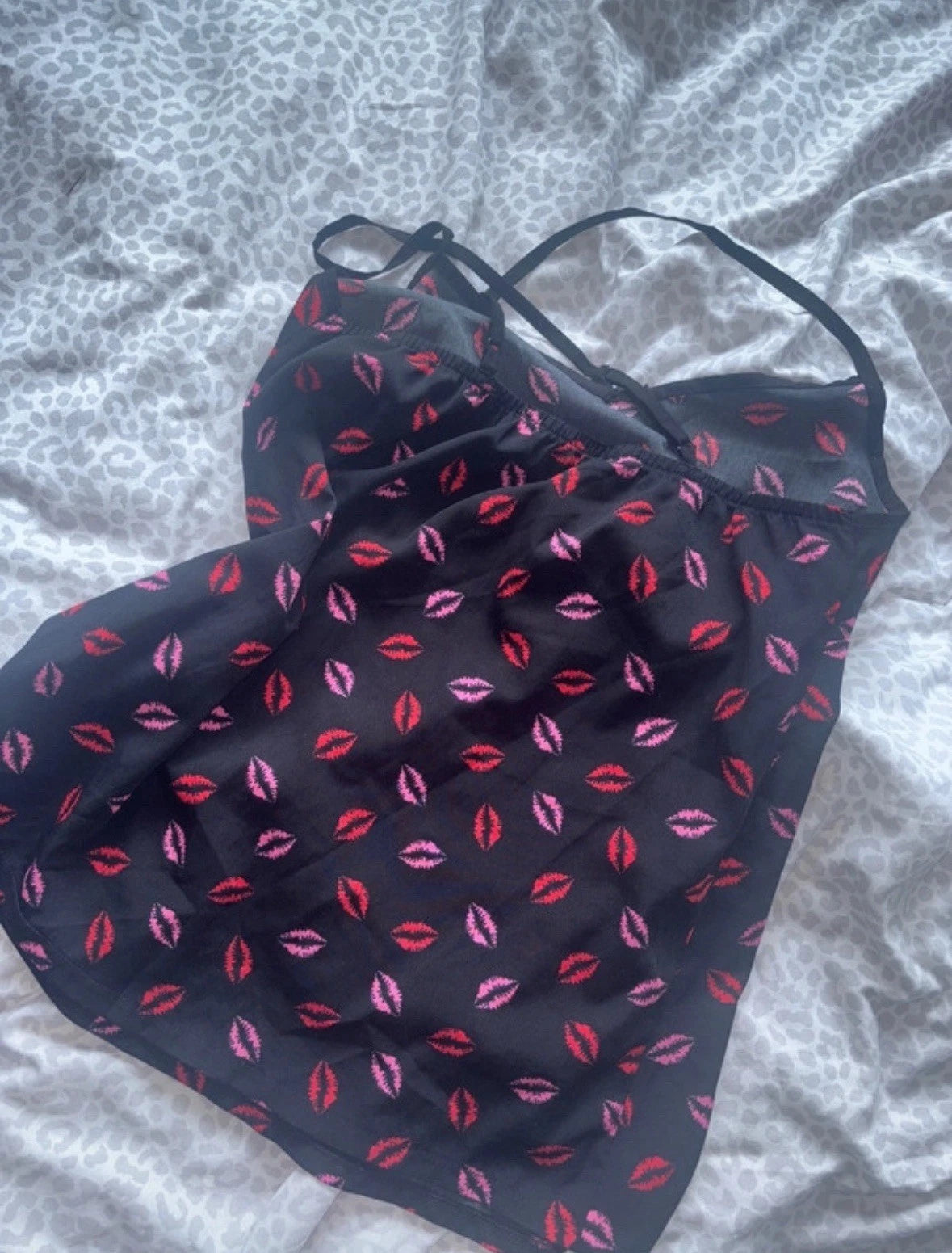 Primark Black & Pink Lips Satin Pyjama Set Upcycle Damaged Fabric