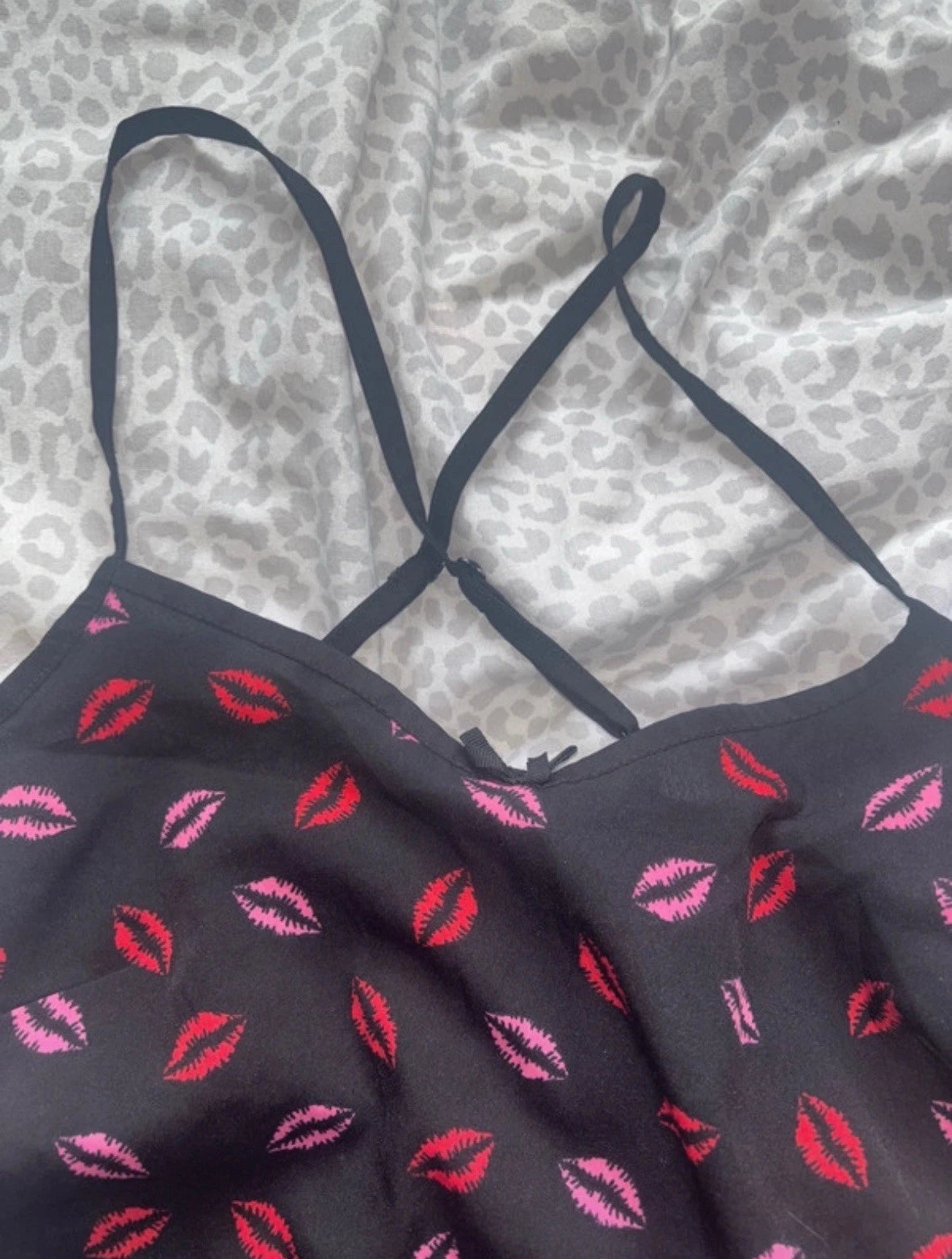 Primark Black & Pink Lips Satin Pyjama Set Upcycle Damaged Fabric