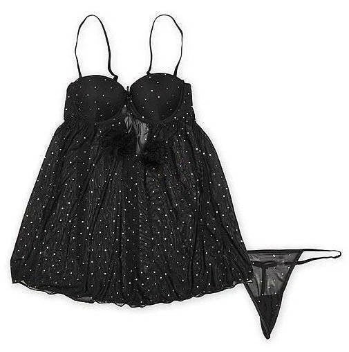 Babydoll Chemise Passion Black Sequined 2 Pc Pajamas Thong Set Womens-size S