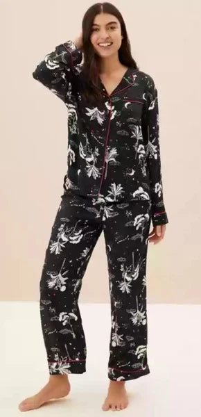 M&S Floral Print Revere Collared Pyjama Set - Size 12