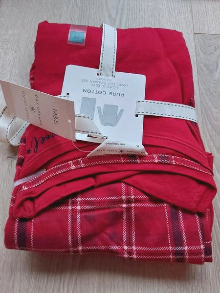 M&S Ladies Pyjama Set Size 12-14 Red Long Leg Long Sleeve New