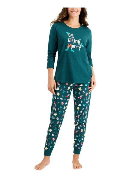 FAMILY PJs Sets Green Printed Long Sleeve Round Neck Cuffed Sleepwear  Size XS