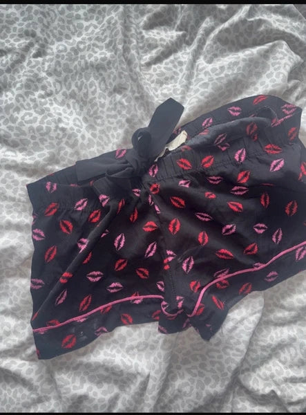 Primark Black & Pink Lips Satin Pyjama Set Upcycle Damaged Fabric