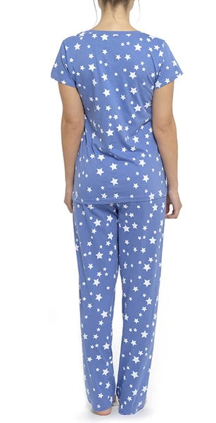Ladies Star Print Jersey Cotton Spring Summer Pyjamas (16-18) Blue