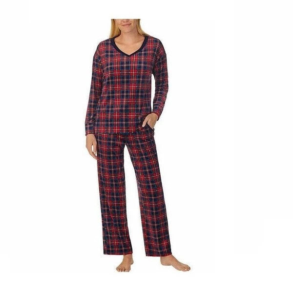 Nautica Women's Silky Stretch Fleece 2-Piece Pajama Set Red Plaid Sz Large