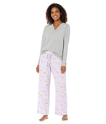 Karen Neuburger Long Sleeve Split-Neck Tee PJ Set (Grey/Kitty) Womens Pajama
