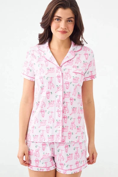 New Roller Rabbit Sleepy Sloth Polo PJ Pajama Shorts Shirt White Pink S