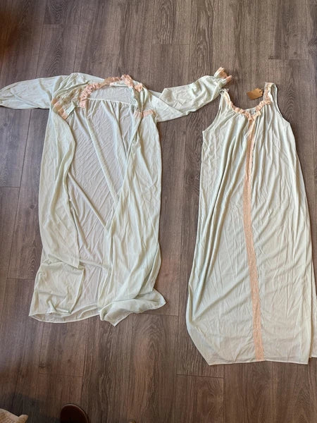 Vintage Nightgown Robe Set Womens Medium Lace Nylon Loungewear 70s Pajamas