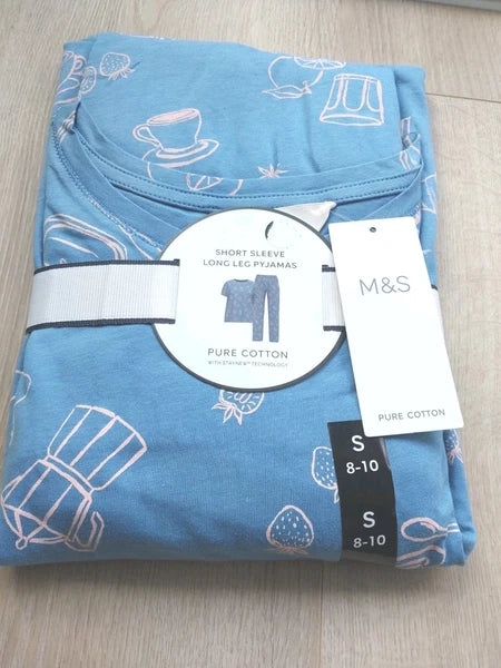 M&S Ladies Pyjama Set Size 8-10 Full Length Short Sleeve New