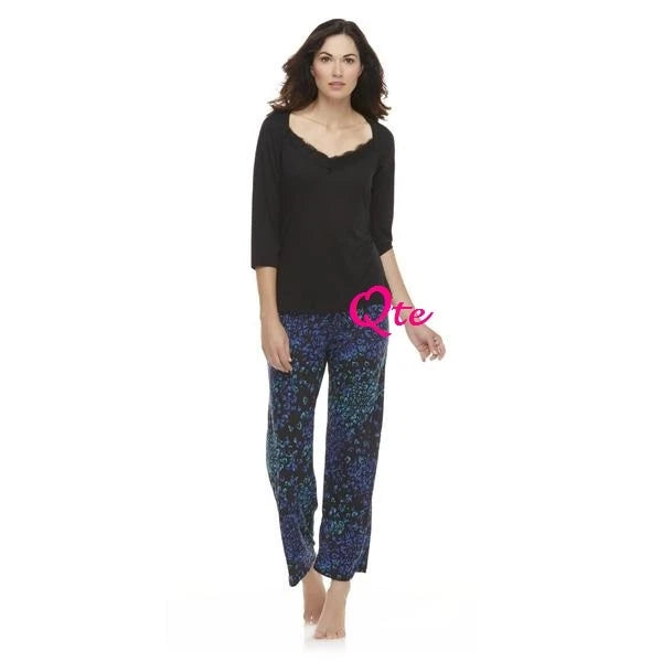 SOFIA VERGARA NEW Black Soft Knit Lace Trim Pajama Sleepwear Set Plus 1X L30 QCO
