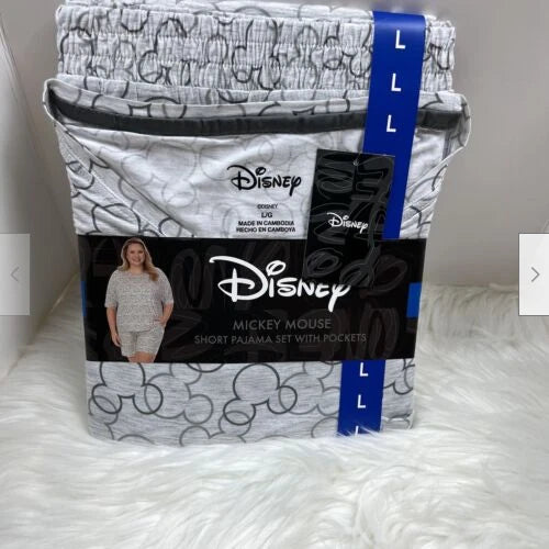 DISNEY Women's 2 Piece Short Pajama Set Large Pockets Mickey Mouse SIZE L GRAY