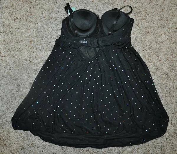 Babydoll Chemise Passion Black Sequined 2 Pc Pajamas Thong Set Womens-size S