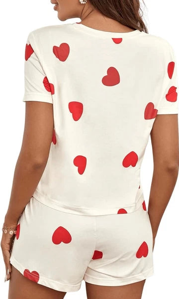 Heart Print Short Sleeve Tee Top and Shorts PJ Set Size Medium