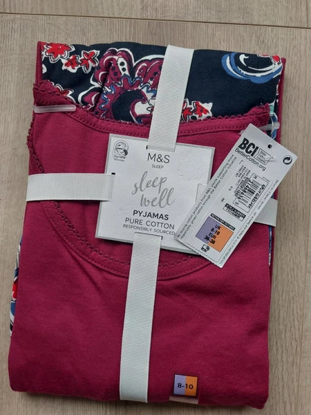 M&S Ladies Pyjama Set Size 8-10  Purple Short Sleeve Long Leg New