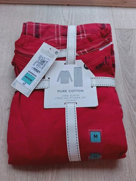 M&S Ladies Pyjama Set Size 12-14 Red Long Leg Long Sleeve New