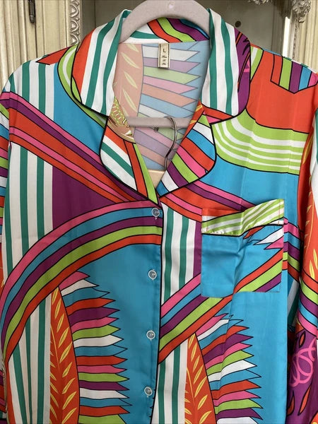 Huan Lo Hai colorfull satin 2 Pc pajama /leisure set Large  long sleeves New