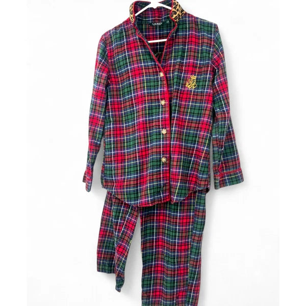 Ralph Lauren Flannel Pajama PJ Set Top Pants Plaid Holiday Christmas M Womens