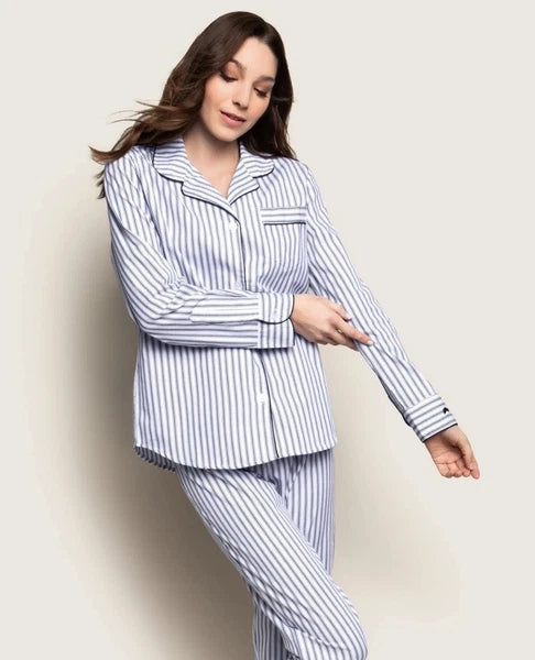 Petite Plume Women's Twill Pajama Set in Navy French Ticking NWT Medium MSRP $94