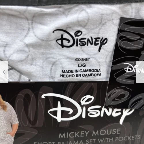 DISNEY Women's 2 Piece Short Pajama Set Large Pockets Mickey Mouse SIZE L GRAY