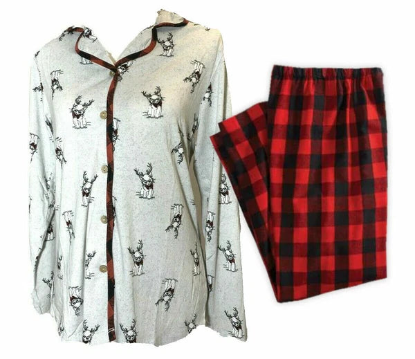 2 Piece Claudel Women's Plaid Reindeer Kitten Pajama Sleepwear Set, Large