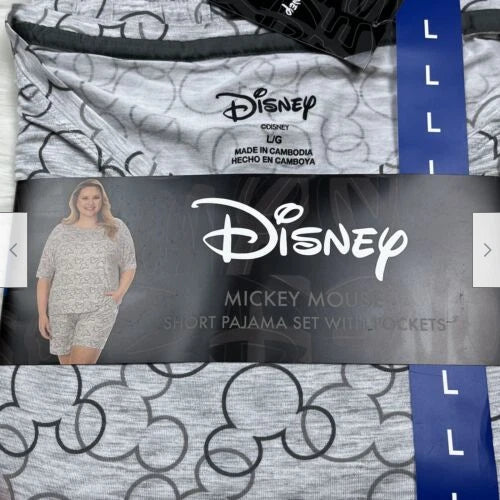 DISNEY Women's 2 Piece Short Pajama Set Large Pockets Mickey Mouse SIZE L GRAY
