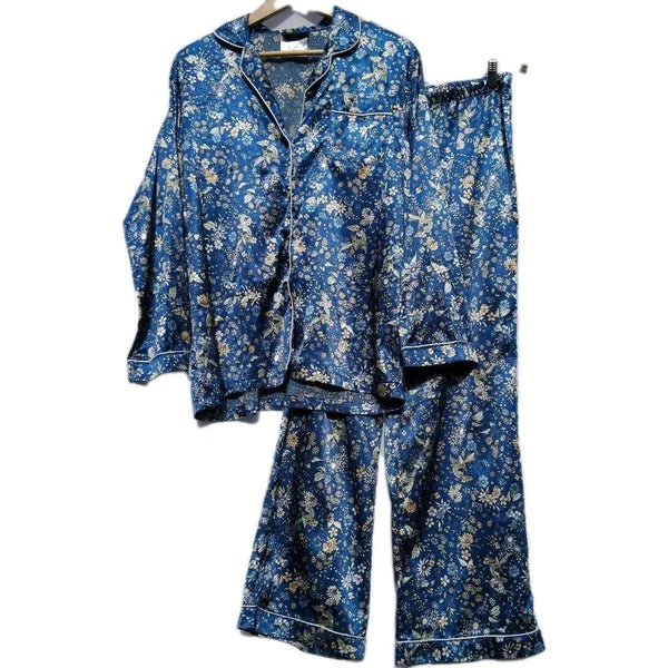 Morgan and Finch Long Satin PJs Size Medium 10-12 Blue Floral Bed Bath n Table