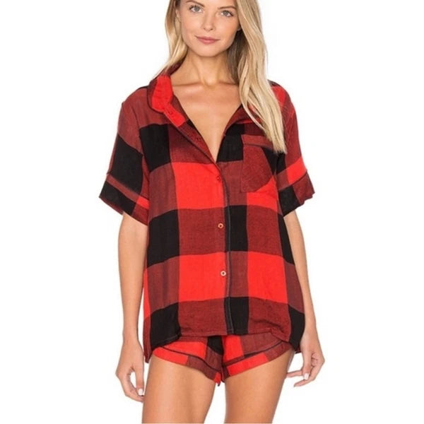 NIP Plush Revolve Ultra Soft Buffalo Plaid Pajama PJ Set Red & Black Women’s L