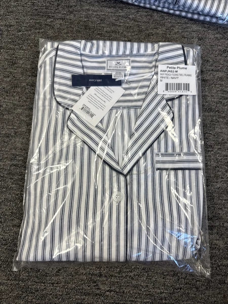 Petite Plume Women's Twill Pajama Set in Navy French Ticking NWT Medium MSRP $94