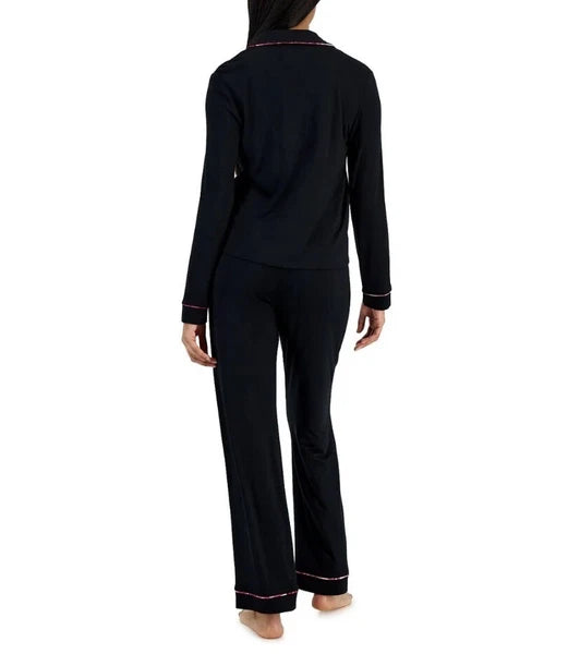 NWT JENNI Women's Notch-Collar Pajama Set Deep Black Size S
