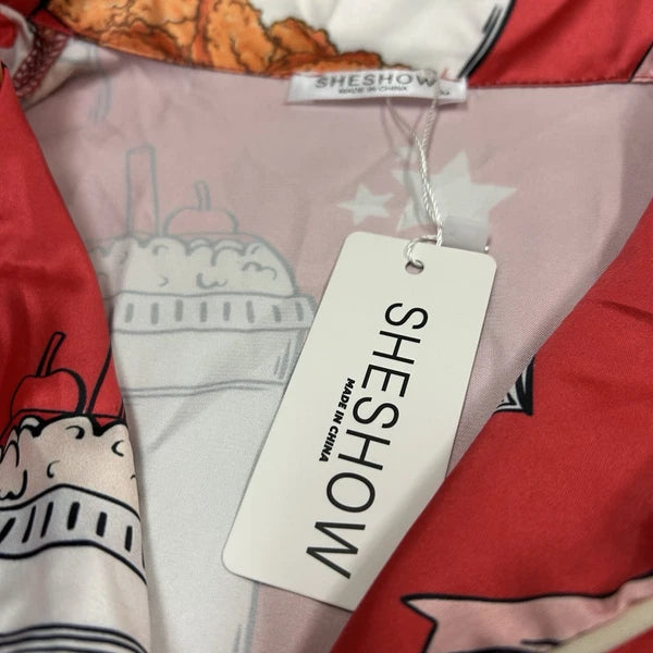 Sheshow Women's Chick-Fil-A Print Satin Pajamas Top/Short Set Red Medium New