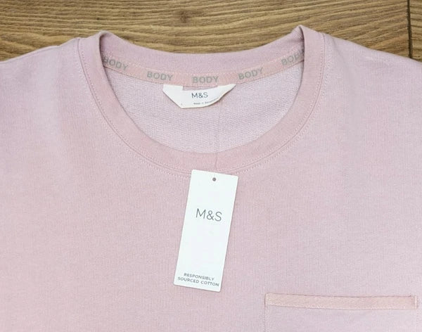 M&S Cotton Pink Sweatshirt Jersey Shortie Pyjama Set Pyjamas PJs Large 16 - 18