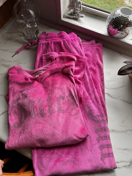 Y2K Juicy Couture Sm Velvet Soft Hot Pink Sleepwear PJs Set Bling Embossed Logo