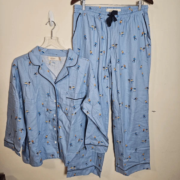 Lattelove Blue Flannel Skater Pants & Long Sleeve Pajama Set Skating Print Women