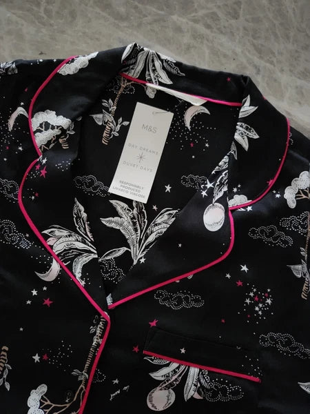 M&S Floral Print Revere Collared Pyjama Set - Size 12