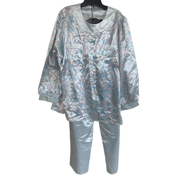 Jacques Janssens Womens Vintage Floral Pajama Set Silky Button-Up XL