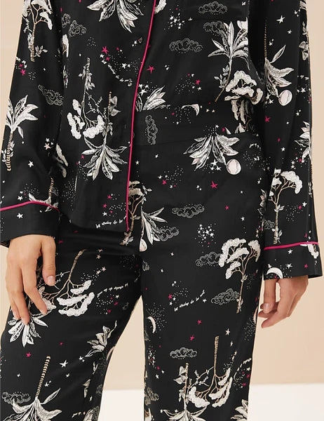 M&S Floral Print Revere Collared Pyjama Set - Size 12