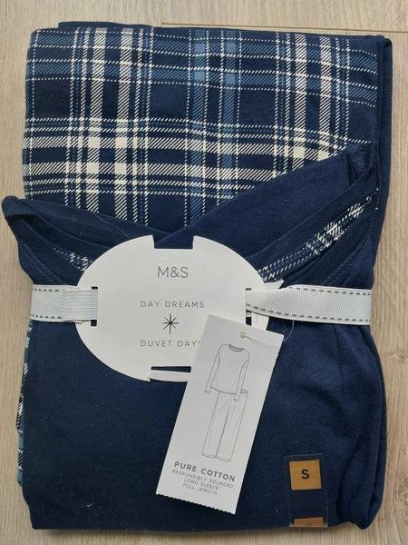 M&S Ladies Pyjama Set Size 8-10 Navy  Full Length Long Sleeve New