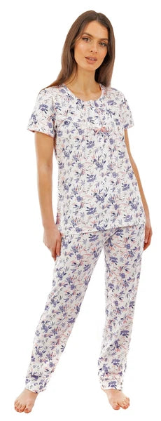 i-Smalls Ladies Floral Print Short Sleeves Cotton Pyjama Set (Blue) 8-10