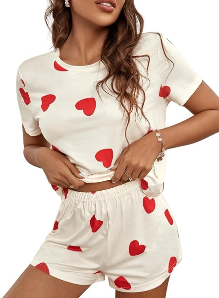 Heart Print Short Sleeve Tee Top and Shorts PJ Set Size Medium