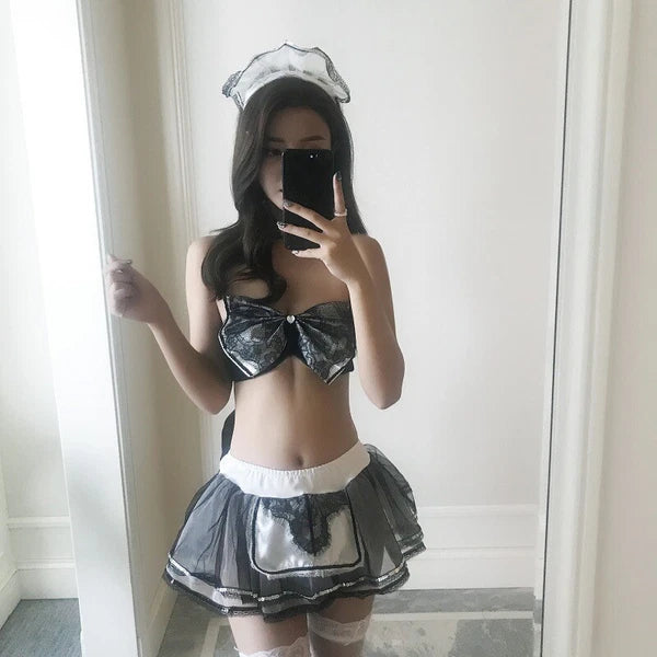 Fun Lingerie, Women's Sexy Lace Maid Bow Uniform, Seductive Maid Set Nightdress-