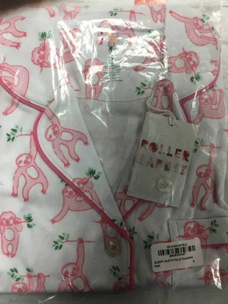 New Roller Rabbit Sleepy Sloth Polo PJ Pajama Shorts Shirt White Pink S