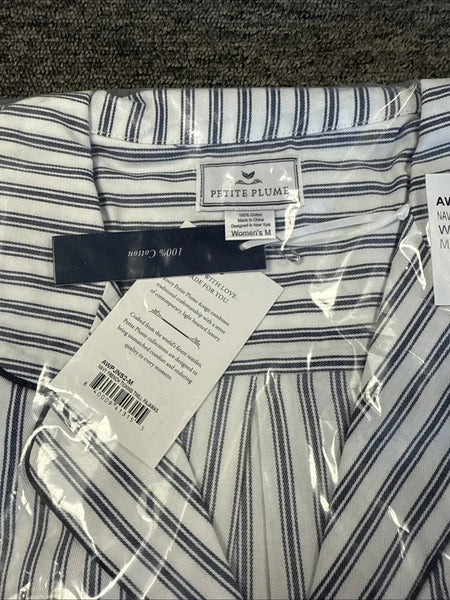 Petite Plume Women's Twill Pajama Set in Navy French Ticking NWT Medium MSRP $94