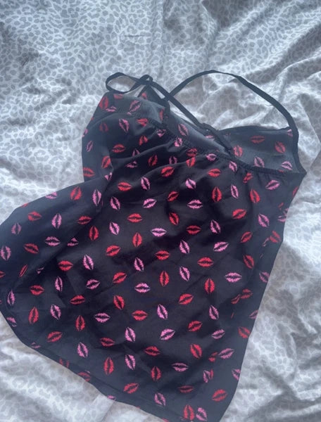 Primark Black & Pink Lips Satin Pyjama Set Upcycle Damaged Fabric