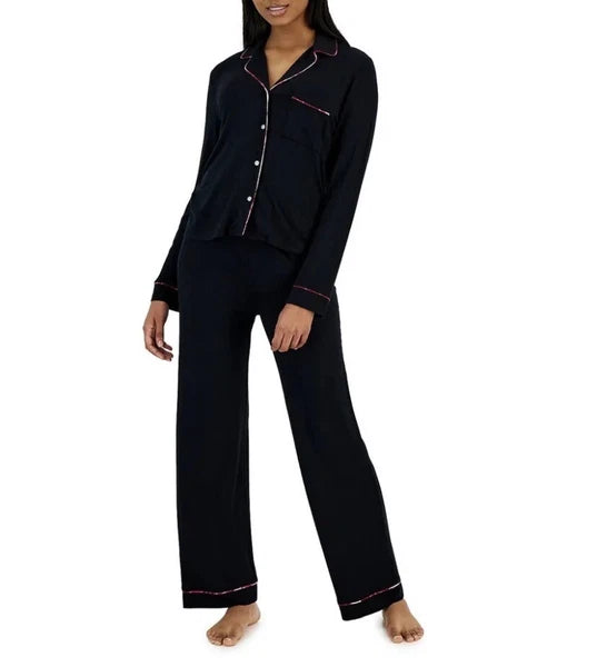 NWT JENNI Women's Notch-Collar Pajama Set Deep Black Size XS
