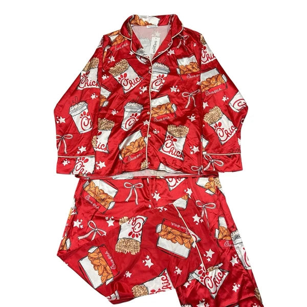 Sheshow Women's Chick-Fil-A Print Satin Pajamas Top/Short Set Red Medium New